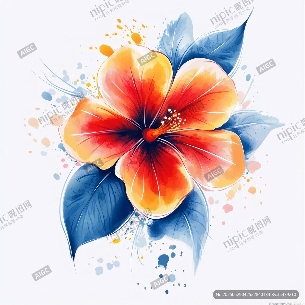 水彩绘鲜艳扶桑花