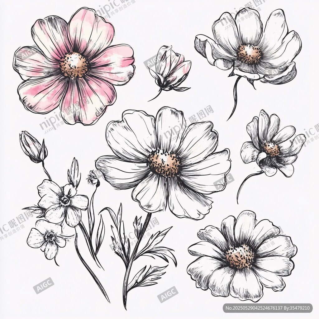 手绘粉色白色花朵插画