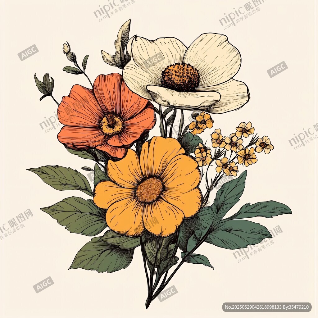 手绘多彩花卉插画作品