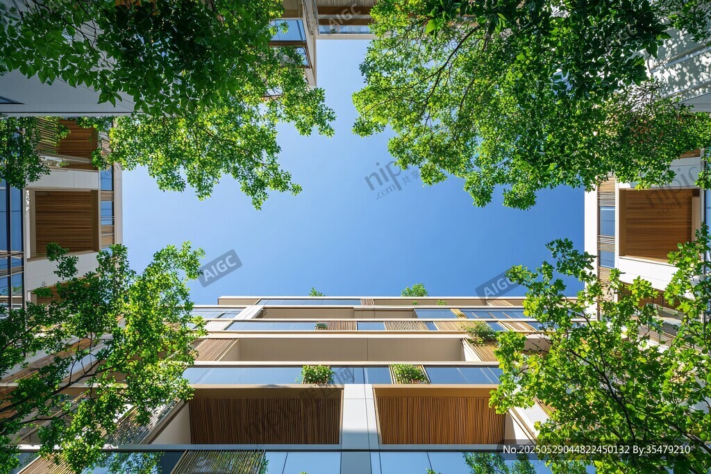 仰望绿植环绕的现代建筑