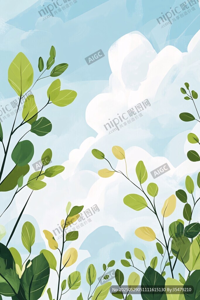 清新绿植与蓝天白云图景