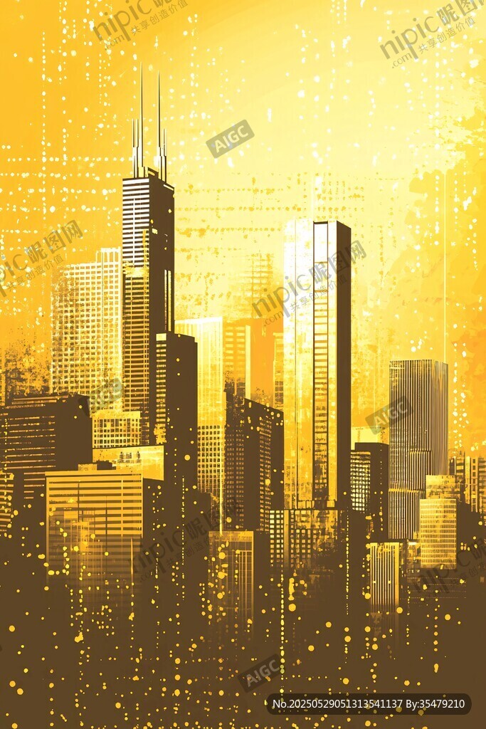 金色璀璨的现代都市天际线