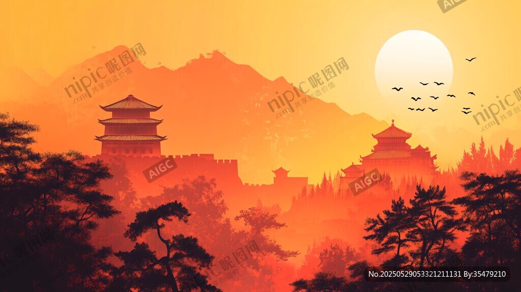 夕阳下的古风建筑美景