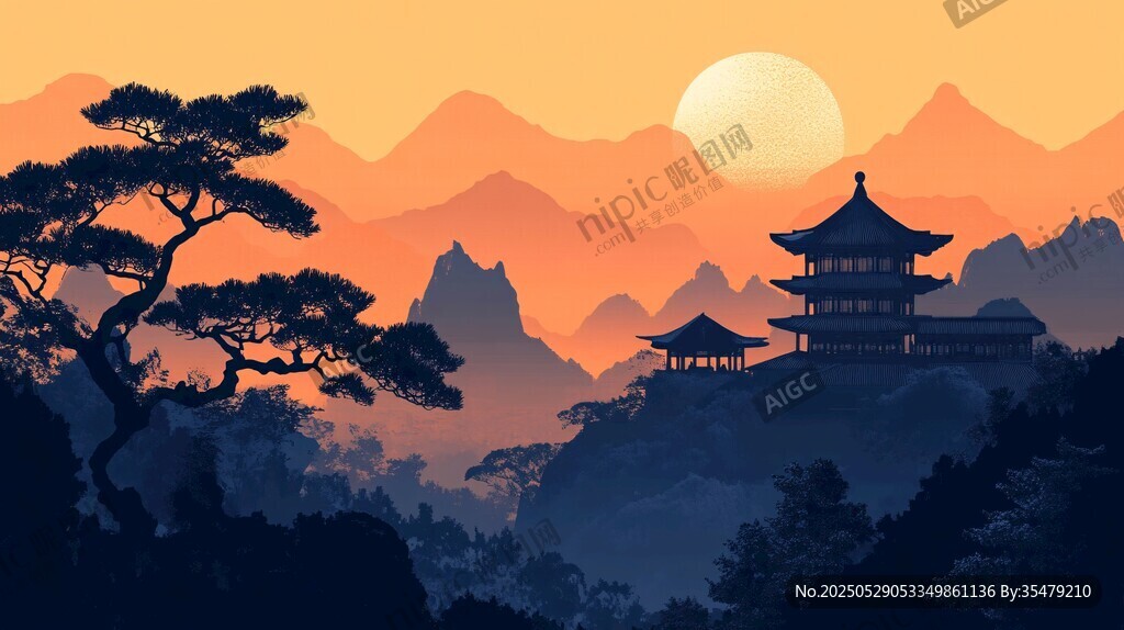 落日下的中式山水楼阁景