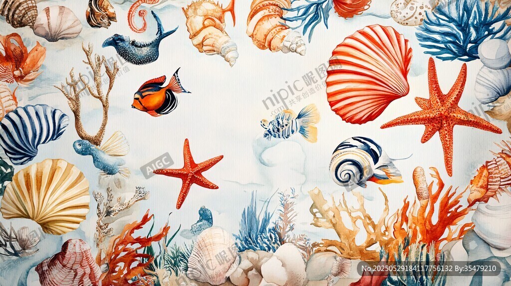 海洋生物水彩画海洋风情