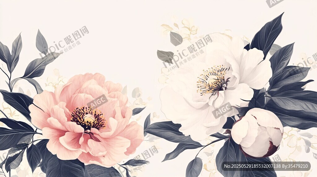 两色牡丹花卉精致插画