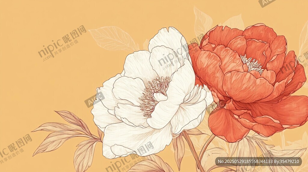 双色牡丹花卉插画