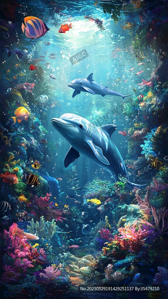 梦幻海底世界中的海豚与鱼