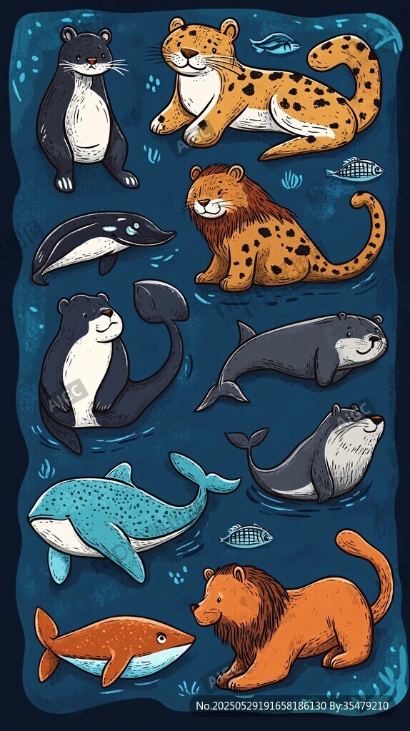 可爱猫科与海洋动物插画