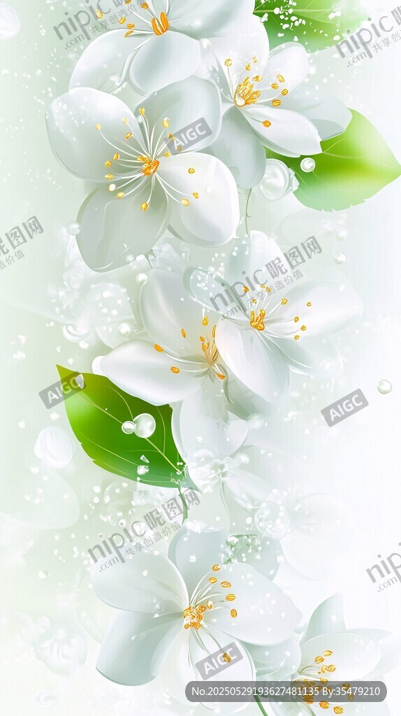 清新白色花朵绿叶背景图