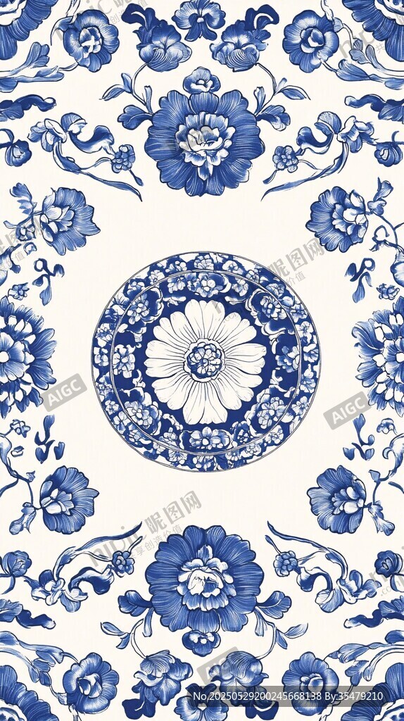 中式青花瓷花卉图案纹饰
