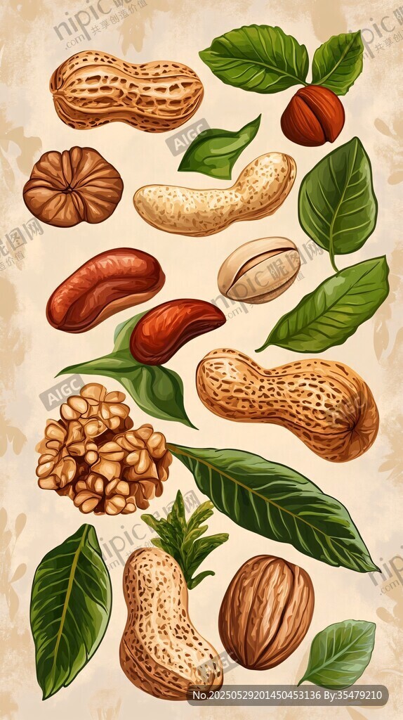 多彩坚果与绿叶插画