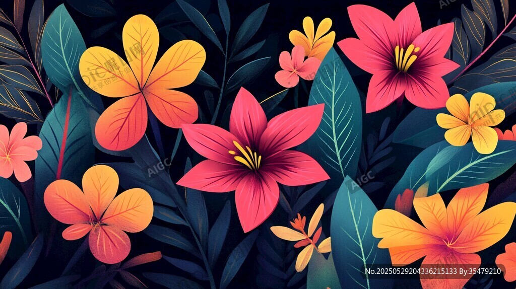 绚丽多彩的花卉与绿叶图案