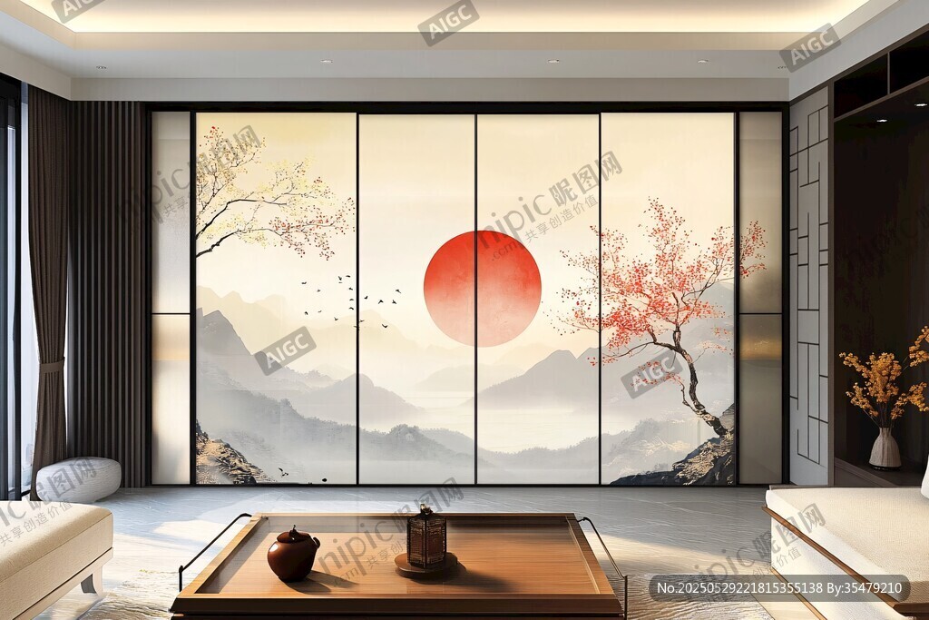 中式客厅红日山水屏风画