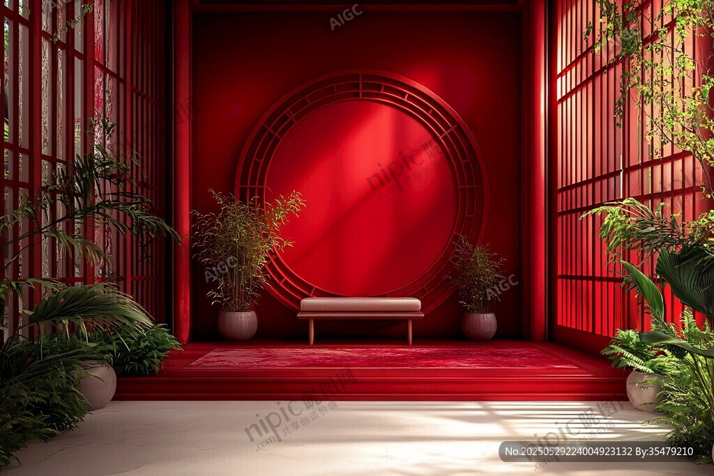 中式红墙绿植雅致空间