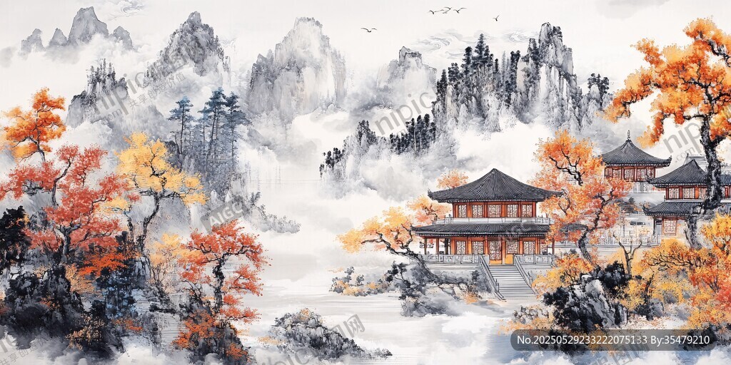 秋意山水间的中式建筑