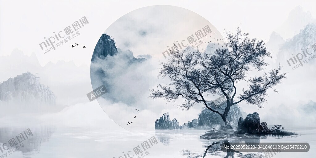 水墨山水孤树映月之景