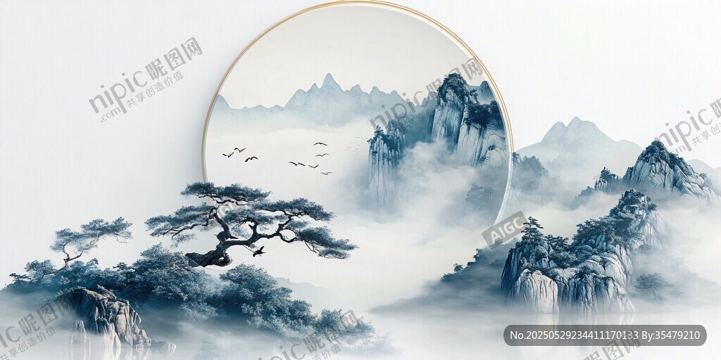中式水墨山水圆形装饰画
