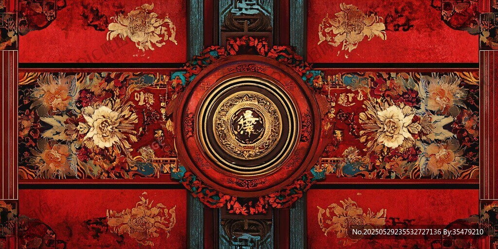 中式古典红金华丽天花板