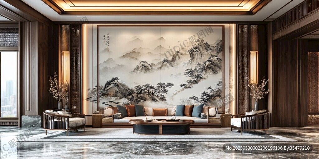 中式奢华客厅 山水壁画装饰