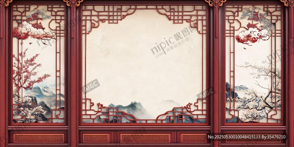中式古典屏风山水花鸟图景