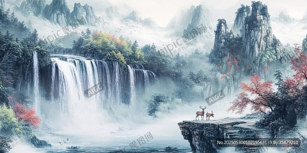 山水瀑布间的诗意美景