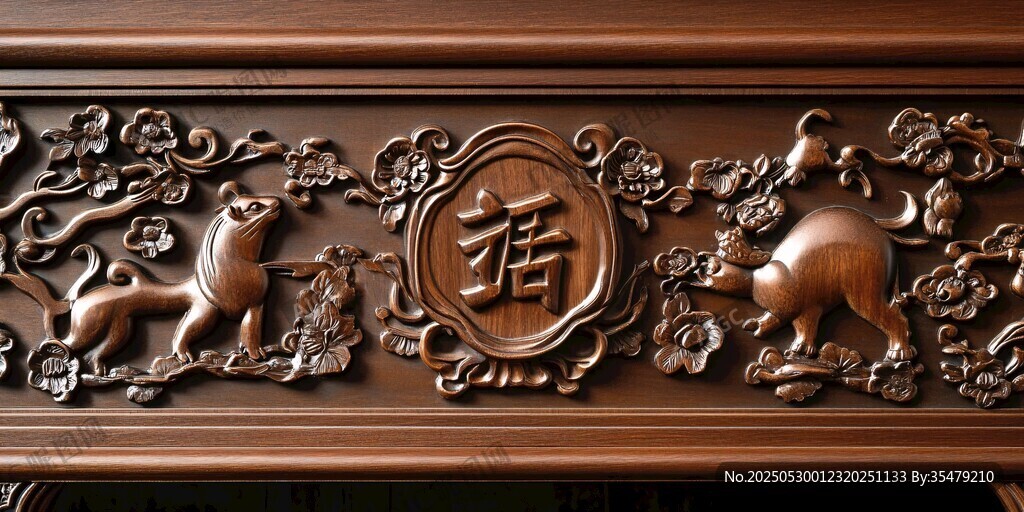 中式木雕 福与动物精美雕刻