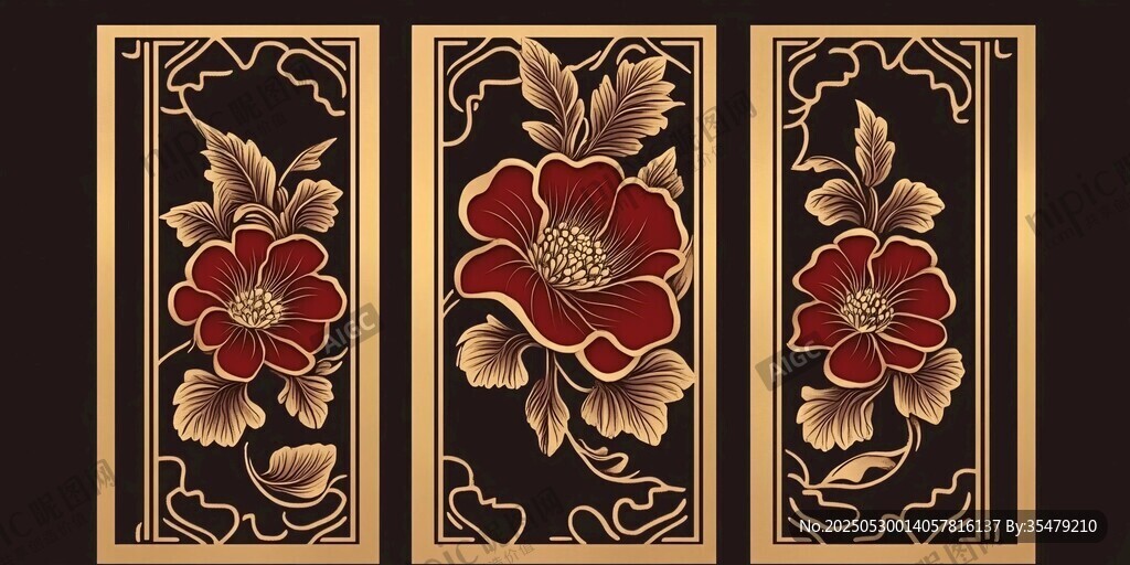 中式金红花卉装饰画