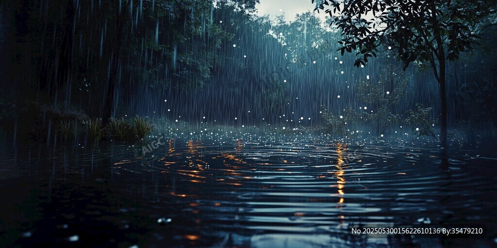 雨中森林 静谧水面的光影
