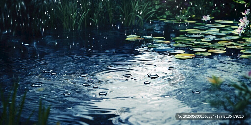 雨中池塘睡莲泛起涟漪