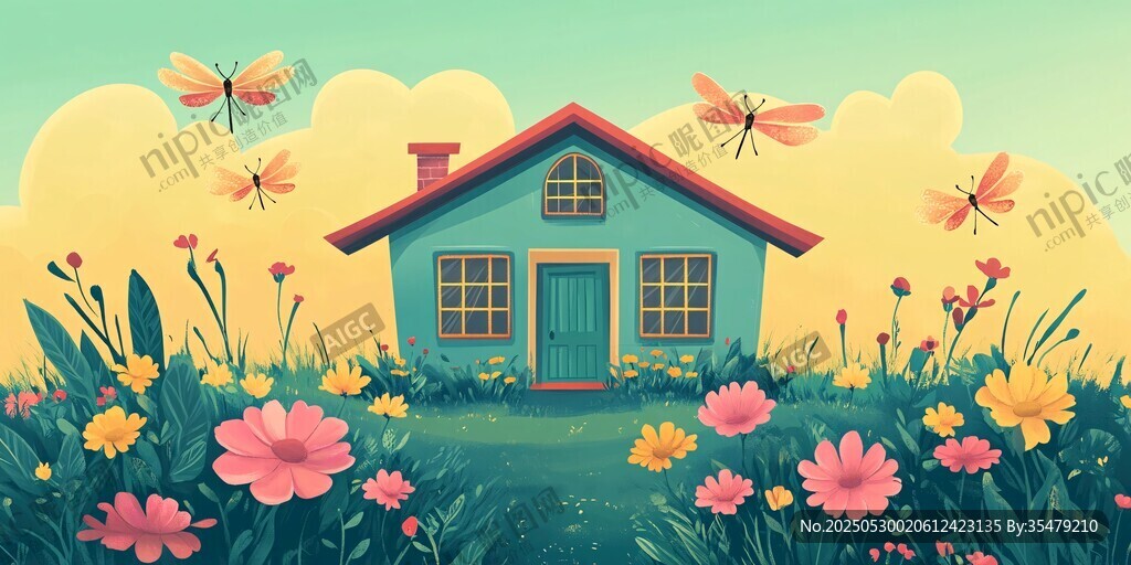 田园小屋旁的缤纷花草世界