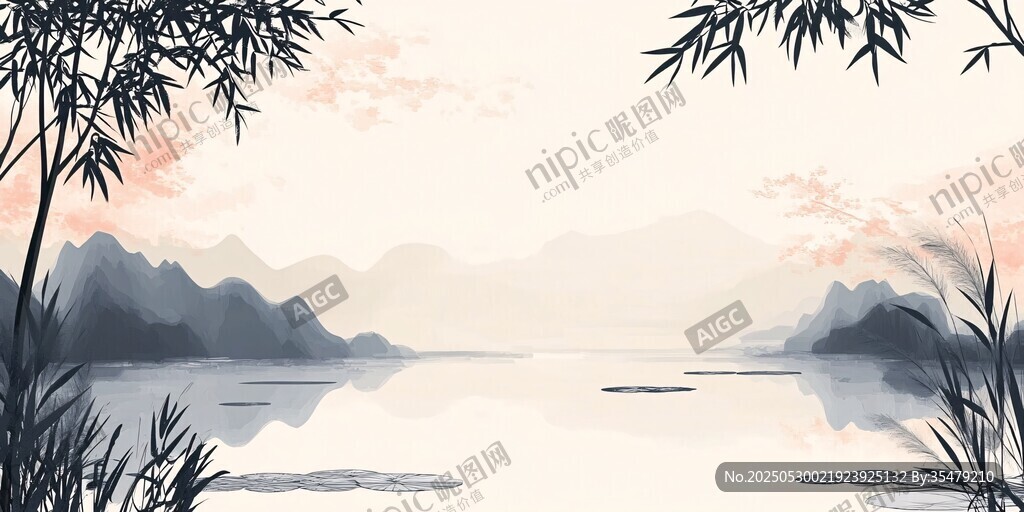 水墨湖畔竹林山水图