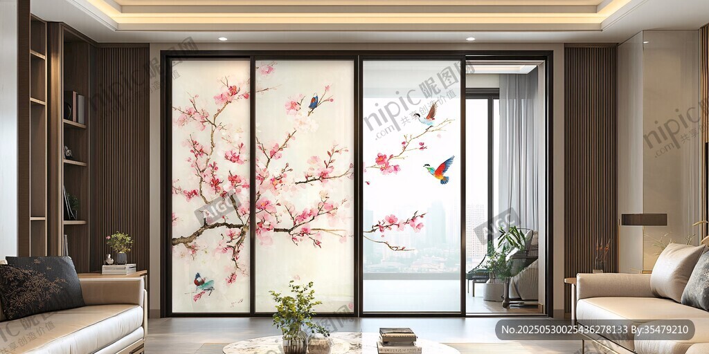 中式客厅玻璃门花鸟装饰