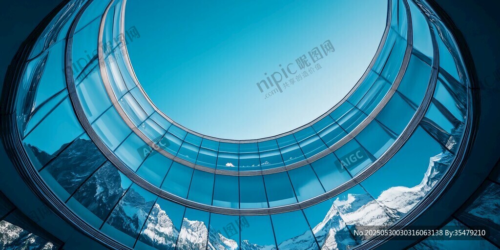 圆形玻璃建筑内的雪山景致