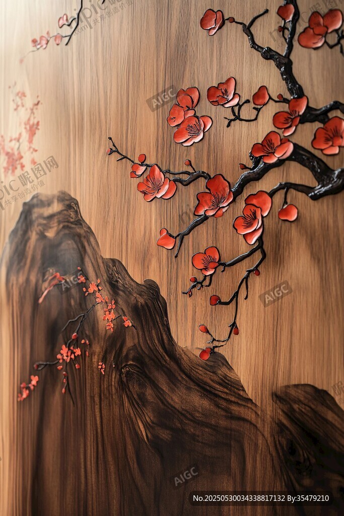 木雕上的红梅与山峦景致
