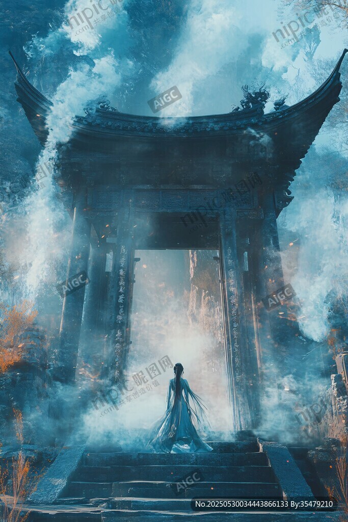 古风佳人立于神秘古亭前