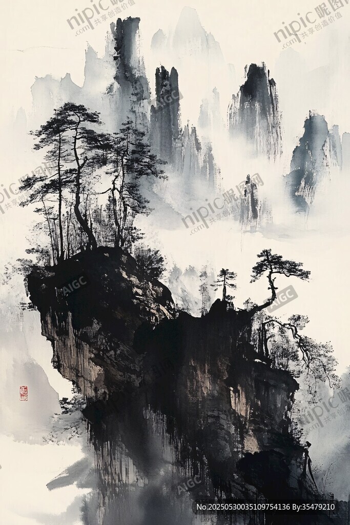 水墨山水间的孤松峻岭