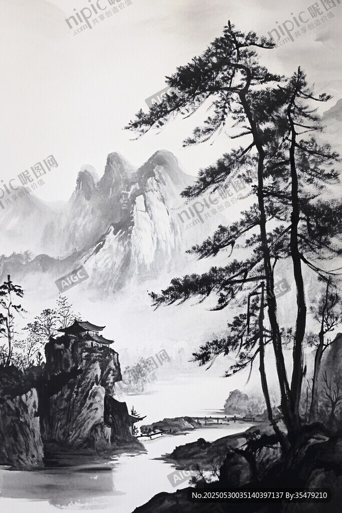 水墨山水间的苍松峻岭