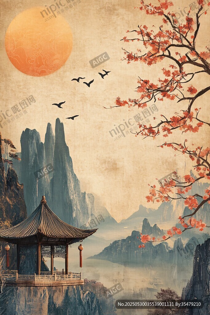落日山水间古亭诗意景
