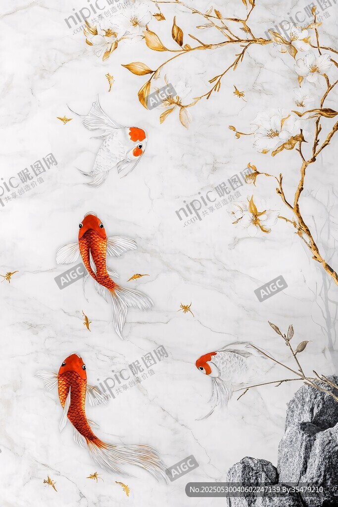 中式水墨风金鱼游弋图