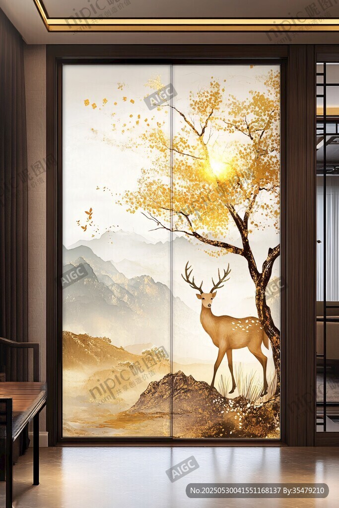 中式玄关处的鹿与山水图景