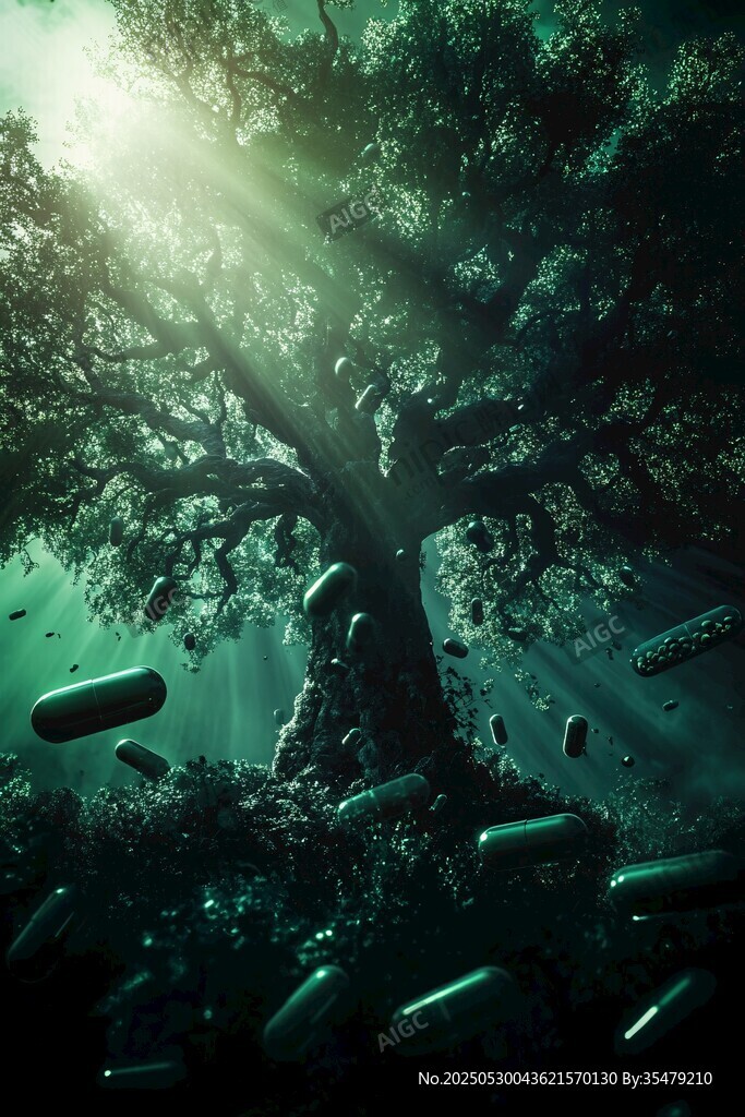 梦幻水下大树与漂浮胶囊