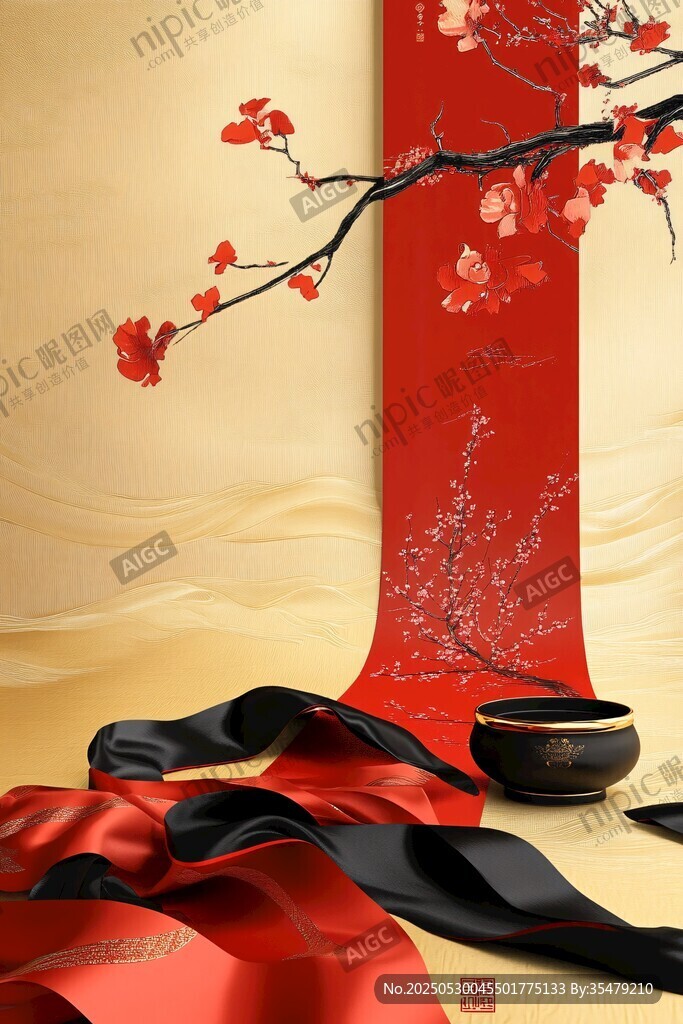中式雅致场景中的红梅绸缎