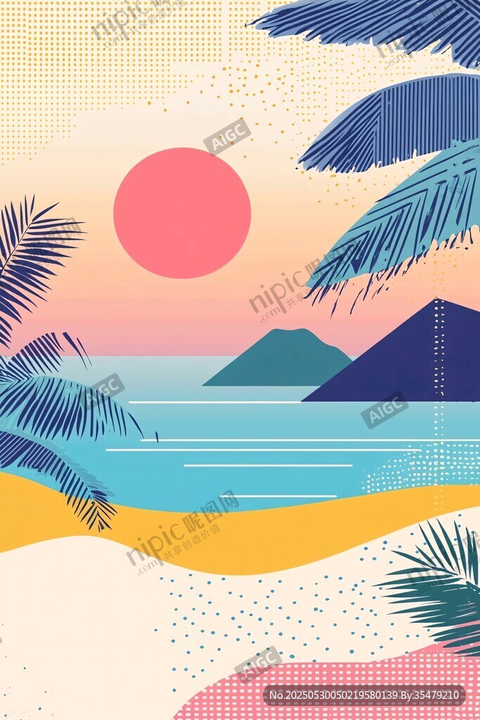 海边日落椰影美景插画