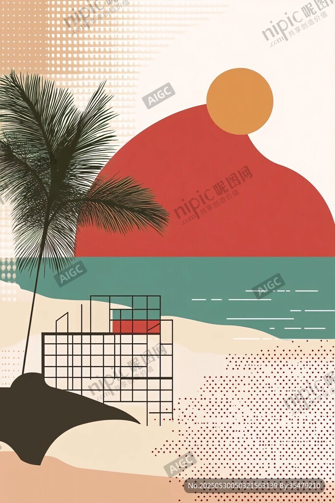 海边落日下的棕榈与躺椅