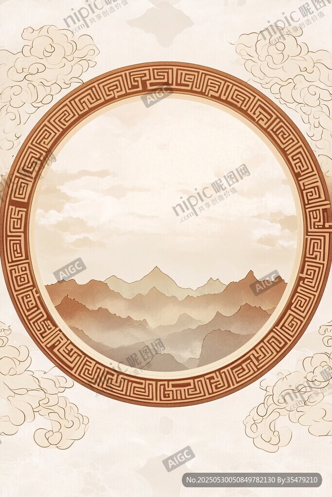 中式圆形山水意境插画