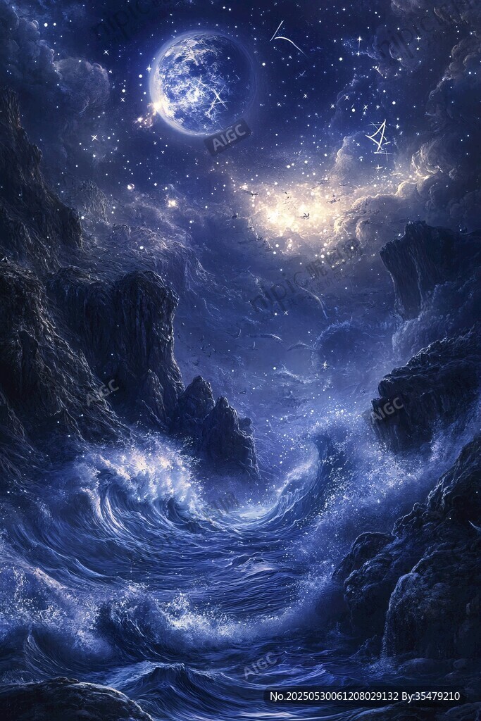 梦幻星空下的汹涌山海