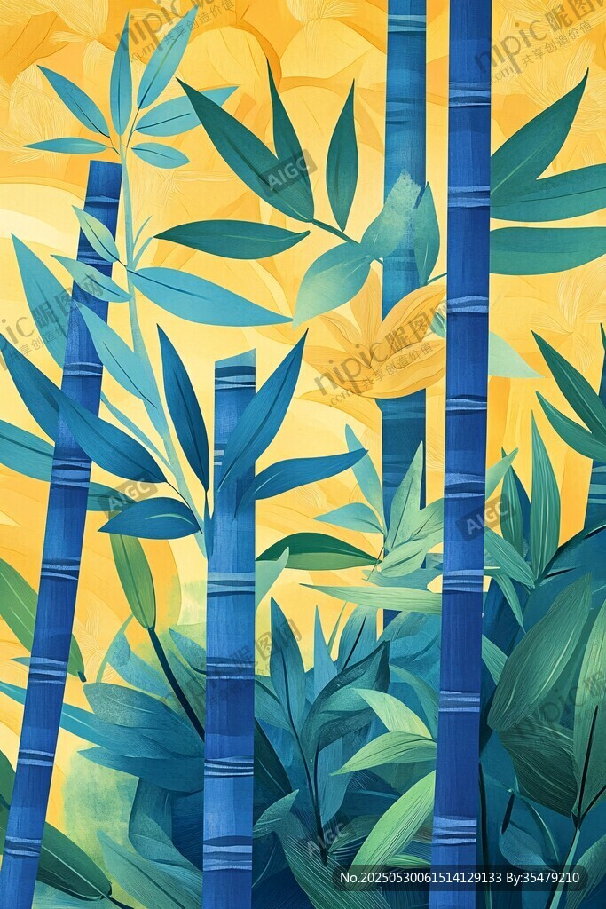 梦幻蓝竹与金黄背景插画