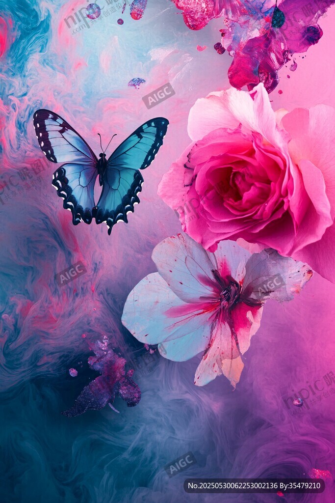 梦幻蝶花共舞水彩画境