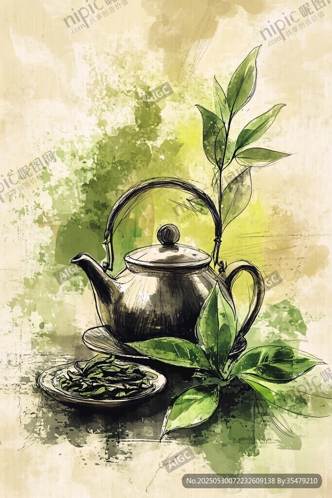 水墨风茶壶与茶叶插画